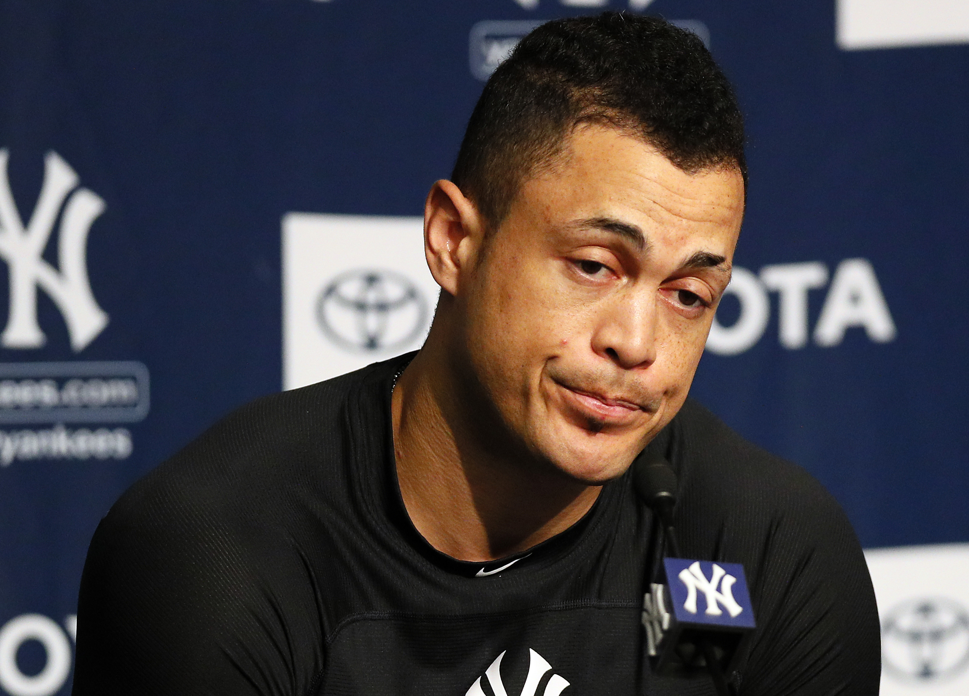 Giancarlo Stanton of the New York Yankees speaks to the media in News  Photo - Getty Images