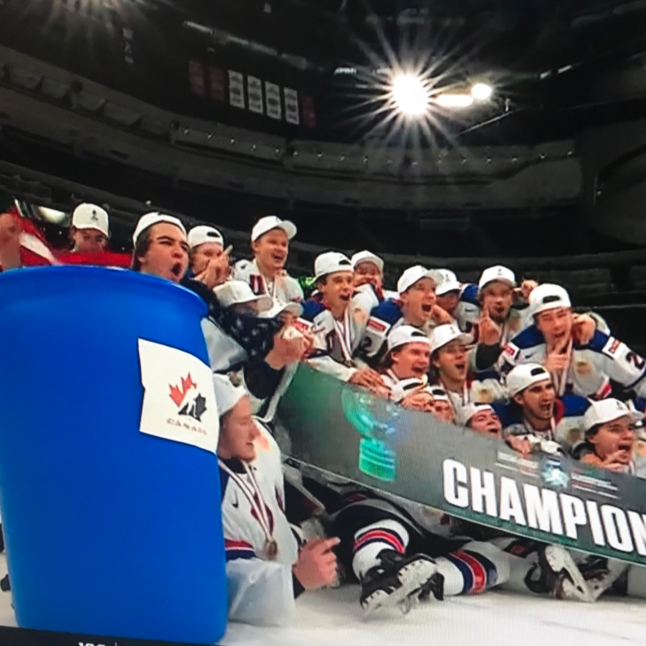 Team USA won the World Junior Hockey Championships and then celebrated with a trash can with Team Canadas logo on it